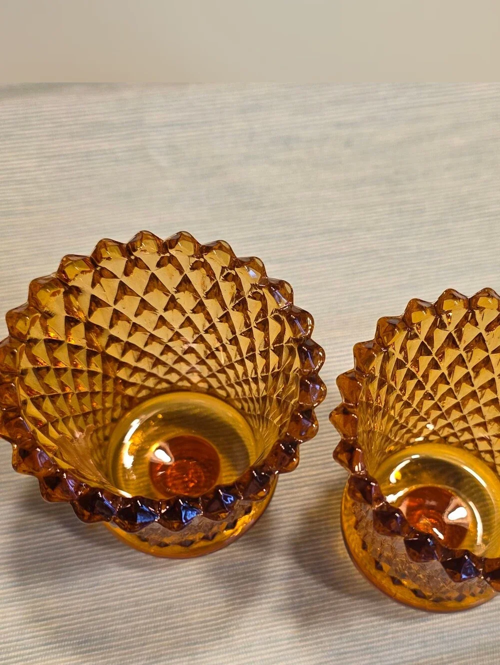 VTG MCM Amber Glass Diamond Point Peg Candle Cups Set Of 2